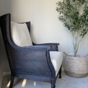 Hamptons black oak, rattan, linen occasional arm chair